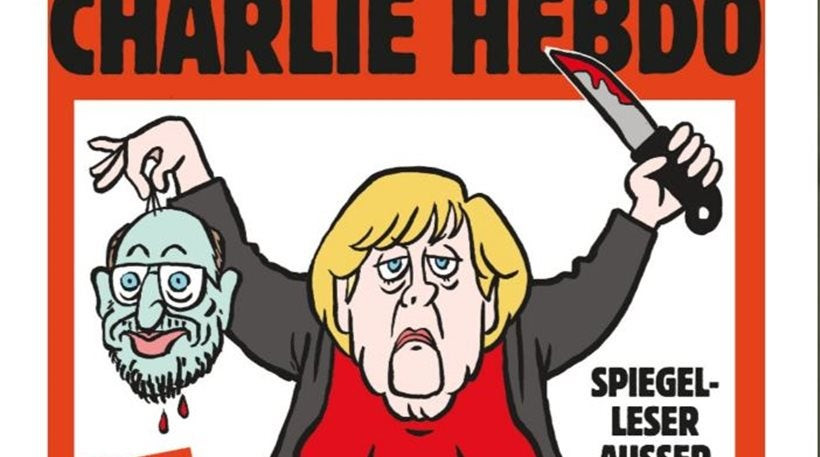 Tο εξώφυλλο της γερμανικής έκδοσης του Charlie Hebdo δείχνει την Μέρκελ να «αποκεφαλίζει» τον Σουλτς